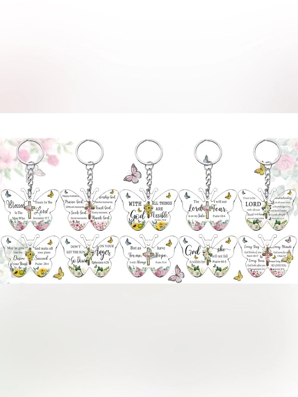 Butterfly Inspirational Keychain - Pink Floral Faith Design